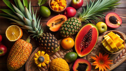 Colorful tropical fruit display featuring pineapples, papayas, mangoes, and citrus on a wooden background