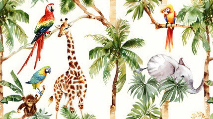 Naklejka na meble Wild animals watercolor seamless pattern with giraffe and elephant, monkey with cockatoo, parrot savannah with palm trees. Repeating background.