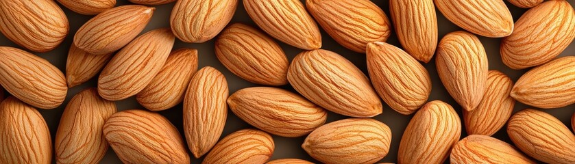 Close-up view of raw almonds with wooden textured shells, arranged in a visually pleasing pattern, showcasing natural food elements.