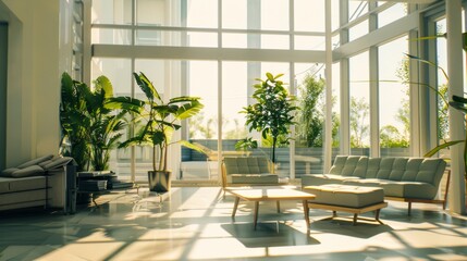 Wall Mural - An airy, sunlit living room with modern furniture, lush green plants, and large floor-to-ceiling windows showcasing a beautiful, natural exterior view.