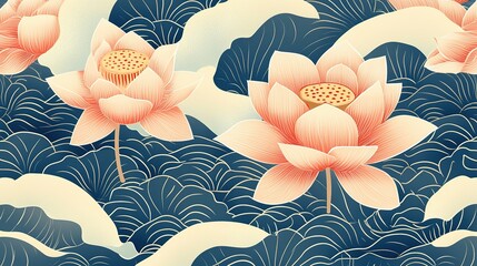 Poster - A Floral Pattern with Pink Lotuses and Blue Water Lilies