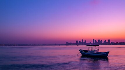 Canvas Print - Cityscape at Sunset with a Small Boat