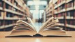 © Suphawan - A close-up of an open book on a wooden library table, with soft light streaming in through the window and bookshelves blurred in the background.
