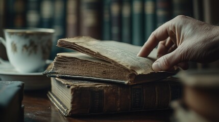 A close-up of a hand turning the page of an old, dusty book in a quiet library, with a stack of books and a cup of coffee nearby.