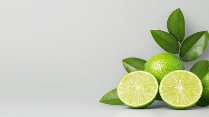 Poster - Fresh green limes with leaves on a light background. Vibrant citrus fruit, perfect for refreshing summer recipes and natural decor.