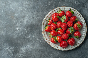 A plate of fresh strawberries on a dark background, viewed from above.