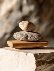 A serene arrangement of stacked stones on a wooden base, symbolizing balance and tranquility in a natural setting.