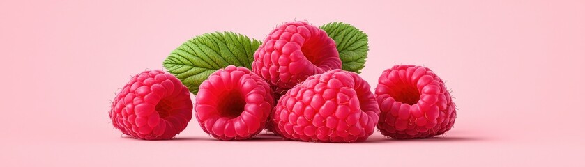 Wall Mural - Fresh raspberries and green leaves on a soft pink background. Bright and vibrant image perfect for healthy eating or natural fruit concepts.