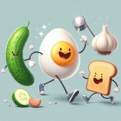 Wall Mural - Fun and playful cartoon characters featuring a cucumber, egg, garlic, and bread, perfect for food-related designs, children's products, and promotional materials.