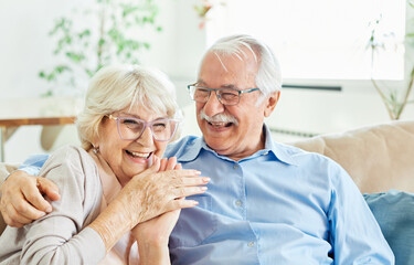 Wall Mural - senior woman man couple happy retirement talking conversation chat love elderly coffee cup tea mug d
