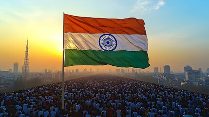 A large crowd gathers under the Indian flag during sunset, symbolizing unity and patriotism.