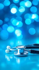 a shiny stethoscope rests on a smooth surface, surrounded by soft blue bokeh lights, symbolizing hea