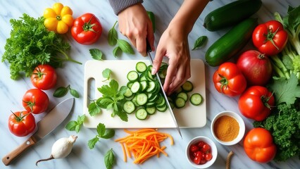 A person slices fresh cucumbers on a chopping board, surrounded by an assortment of colorful vegetables including tomatoes, carrots, and parsley, showcasing healthy meal preparation.