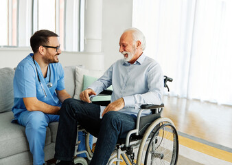 Wall Mural - nurse doctor senior care caregiver help assistence wheelchair retirement home nursing elderly man disabled disability