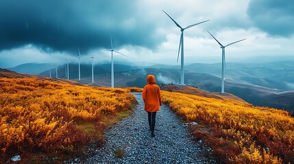 Wind turbines on a hilltop against a stormy sky 