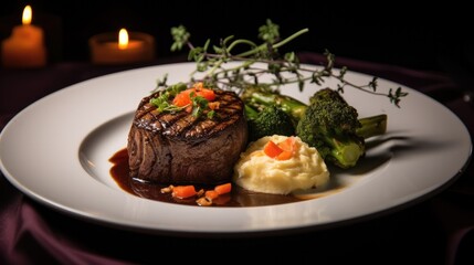 Wall Mural - An elegant restaurant dish featuring a beautifully plated piece of filet mignon, with a rich sauce, truffle mashed potatoes, and artistic vegetable garnishes.