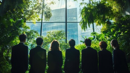 Wall Mural - Silhouettes of Business People Looking Out Window