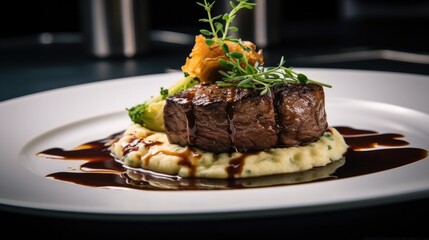 Wall Mural - An elegant restaurant dish featuring a beautifully plated piece of filet mignon, with a rich sauce, truffle mashed potatoes, and artistic vegetable garnishes.