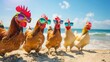 © Aksana - Chickens wearing colorful sunglasses, enjoying sunny beach, grouped together in the sand, summertime fun concept