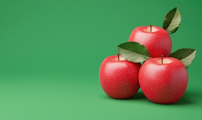 Wall Mural - Three fresh red apples with green leaves against a bright green background, showcasing organic produce and healthy eating.