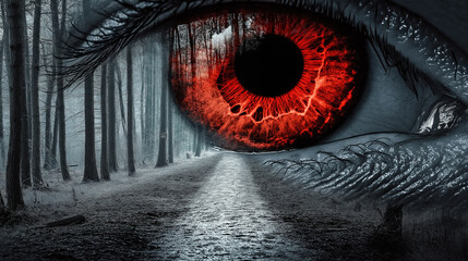 Abstract image of a glowing red eye set against a dark, eerie forest path, merging fantasy with mystery in a surreal, haunting scene.