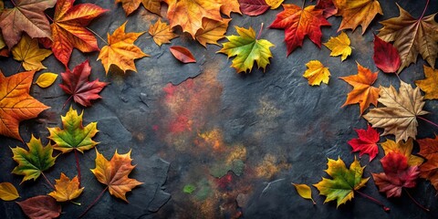 Colorful, vibrant autumn leaves scattered on a dark background during fall season