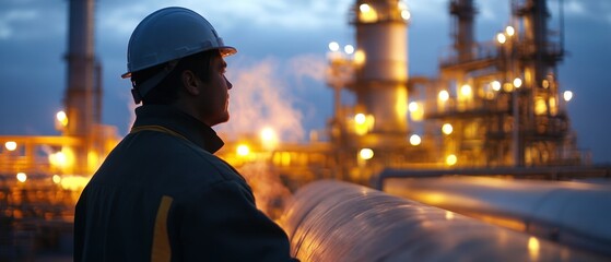 Heavyset engineer inspecting pipelines at oil refinery evening light steam rising from equipment high detail focus dynamic composition