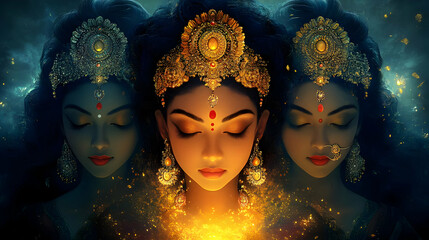 A mystical depiction of a goddess with intricate jewelry and glowing elements.