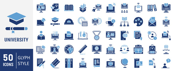 University icon collection. Containing distance learning, virtual classroom, online course, e-learning icon. Simple flat vector illustration.