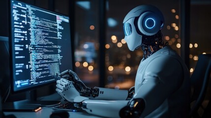 Robot programmer working on code at night