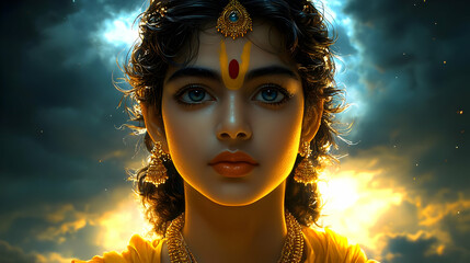 Wall Mural - A portrait of a young deity figure with intricate jewelry and a serene expression against a dramatic backdrop.