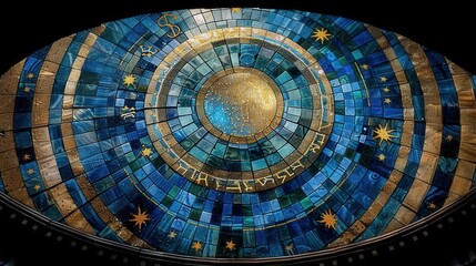 A stunning mosaic ceiling featuring celestial motifs in vibrant blue tones, symbolizing the universe and its wonders.