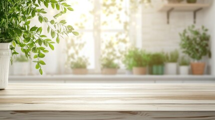 Wall Mural - Wooden Table with Plants in the Background