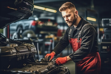 Mechanic repairing car engine in workshop