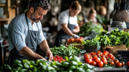 Chef preparing fresh ingredients in a restaurant kitchen