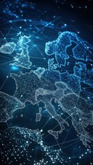 abstract digital map of europe with glowing connections and networks illustrating technology and com