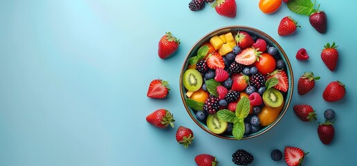 Wall Mural - A colorful bowl of fresh fruit on a blue background.  The bowl is filled with strawberries, raspberries, blueberries, kiwi, and apricots.