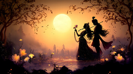 A romantic silhouette of a couple against a moonlit backdrop, symbolizing love and harmony.