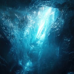 A breathtaking view inside the Crystal Ice Cave, with light creating a spectrum of blue hues on the ice