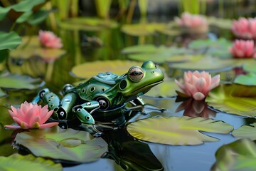 A vibrant green robotic frog leaping from lily pad to lily pad in a serene pond