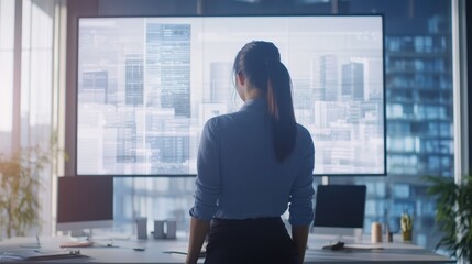 An engineer reviewing job postings on a large screen in a modern office.