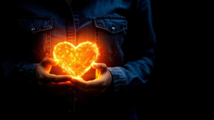 A captivating image of a person holding a glowing heart, representing love, hope, warmth, connection, and compassion, beautifully illuminated against a dark backdrop.