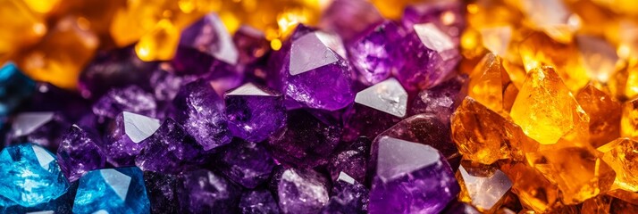 A close-up photograph showcasing a vibrant collection of amethyst, citrine, and blue topaz gemstones. The image captures the sparkle and beauty of these precious stones, representing wealth, prosperit