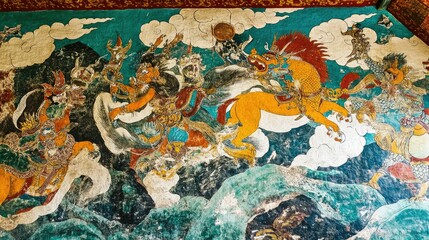 A close-up of the colorful murals inside Tiger's Nest Monastery, depicting scenes from Bhutanese mythology.