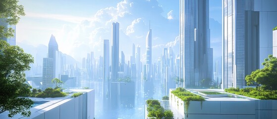 3D render futuristic urban environment minimal composition green spaces modern skyscrapers integrated technology cityscape