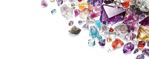 Assortment of colorful gemstones on white background. Sparkling crystals and precious gems. Perfect for jewelry, fashion, or design projects.