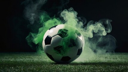 Green smoke over a dark ground with toxic black fog and a foul stench. Mist hovers over a soccer field at night, creating a dirty, poisonous atmosphere.