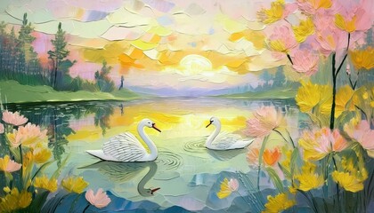 Wall Mural - A swan swimming on the lake water. A nice natural  landscape. Oil color painting background.