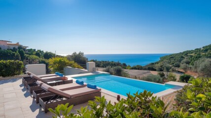 Villa terrace with sunbeds and a clear blue swimming pool, offering stunning sea views and a bright sky. Ideal for a summer resort vacation.