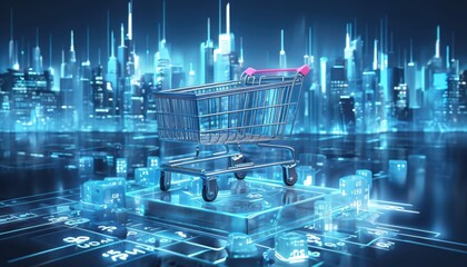 The image could be named as A blue shopping cart in the market, representing online shopping, e-commerce, and retail in a 3D illustration